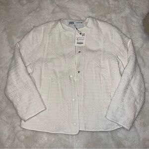 Zara White Teddy Blazer Jacket with Textured Fabric and Long Sleeves